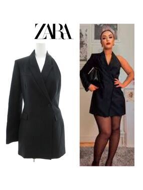 Zara Black Lapel Collar asymmetrical one sleeve double breasted blazer dress S